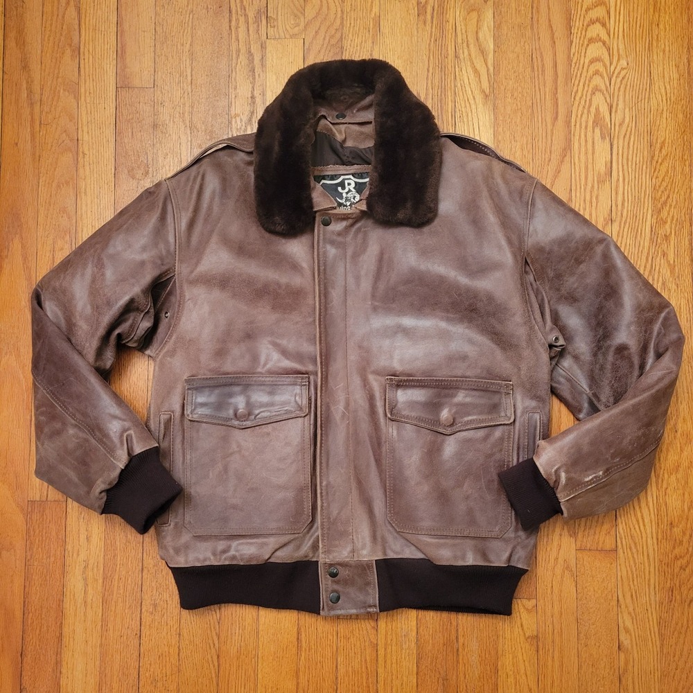 Brown Leather S Bomber Jacket‎ Faux Fur Collar Full Zip Pockets Aviator Flyboy